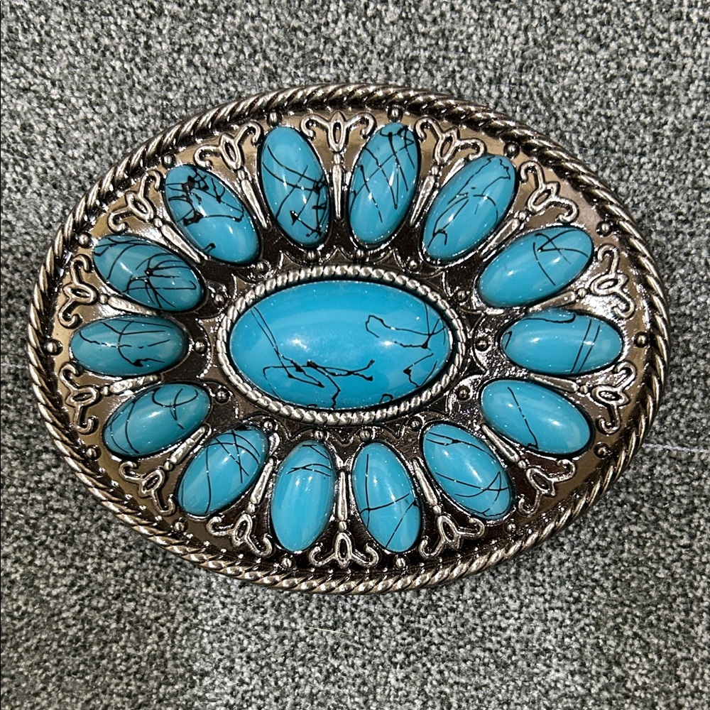 Turquoise and Silver Oval Belt Buckle